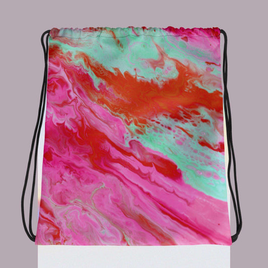 Pocoline Artistic Print Drawstring Backpack with vibrant pink red and teal abstract marbled design