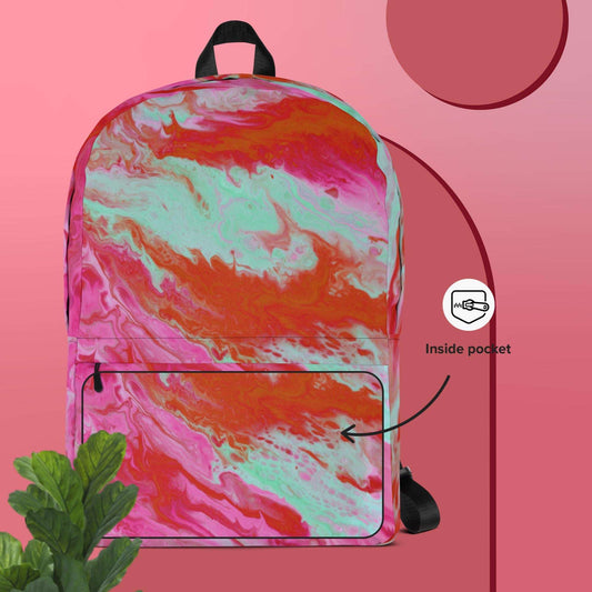 Pocoline colorful artistic backpack with vibrant red pink and teal swirl design and front zipper pocket