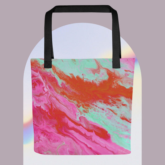 Pocoline colorful artistic tote bag with vibrant pink red and teal abstract swirl design and black handles
