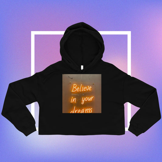 Black handmade cropped hoodie with neon orange Believe in your dreams text on front by Pocoline