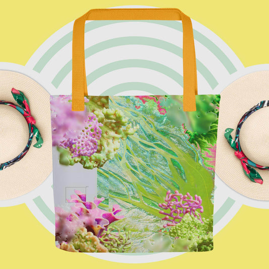 Pocoline handmade minimalist tote bag with colorful coral design and orange handles on yellow background