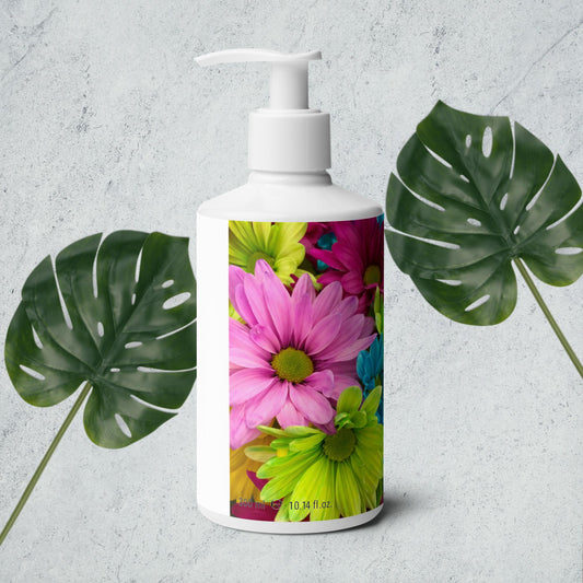 Pocoline natural hand and body wash bottle with pump and colorful floral label on gray background