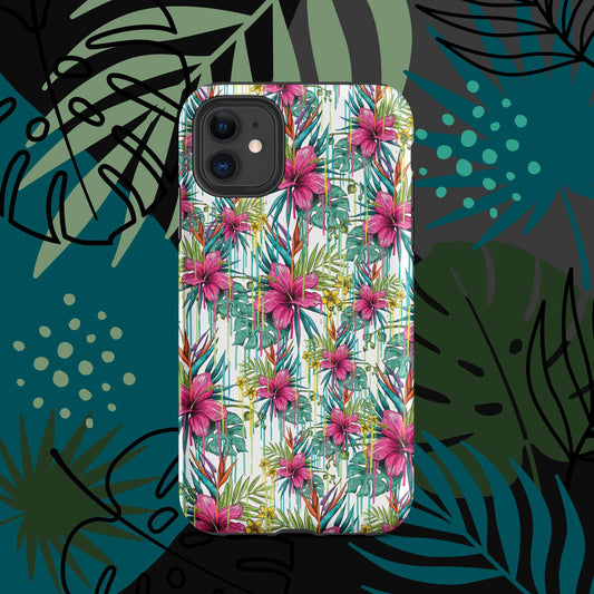 Tropical design phone case for iPhone with pink hibiscus flowers and green palm leaves by Pocoline